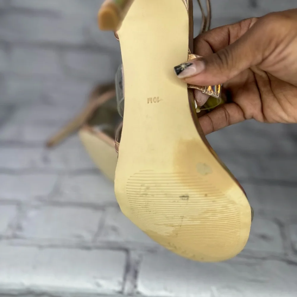 Guess Felicia Iridescent Rose Gold High Heel Sandals with Clear Straps - Picture 6 of 7